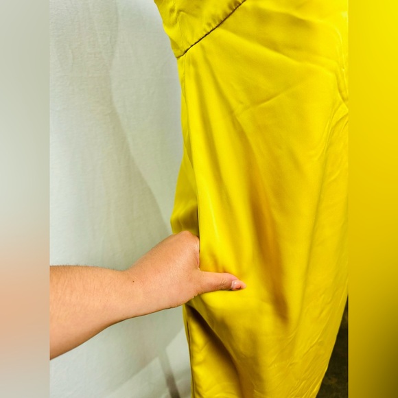 Satin Chartreuse One Shoulder Dress - Picture 3 of 7